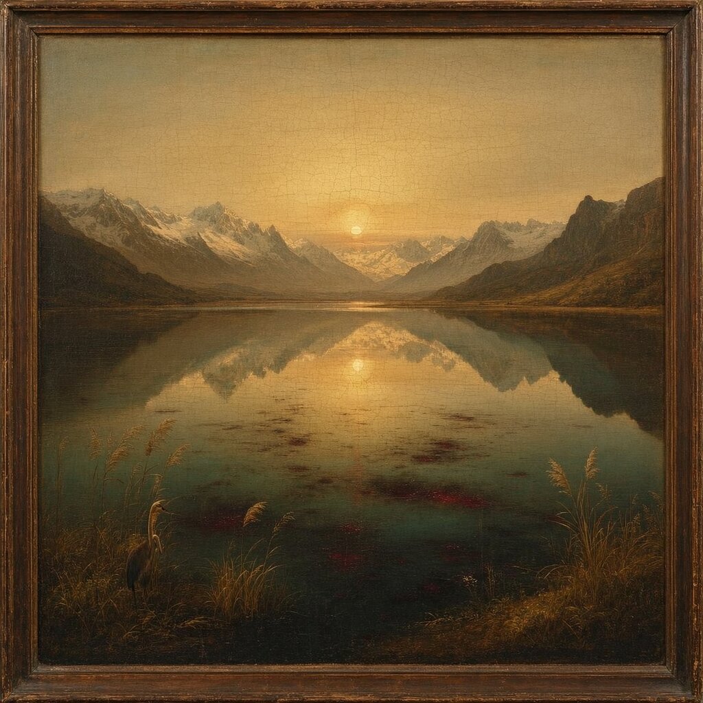 A still mountain lake at sunset, its mirrored reflection clouded by dark spreading blooms, a heron on the near shore, painted in the old-master manner