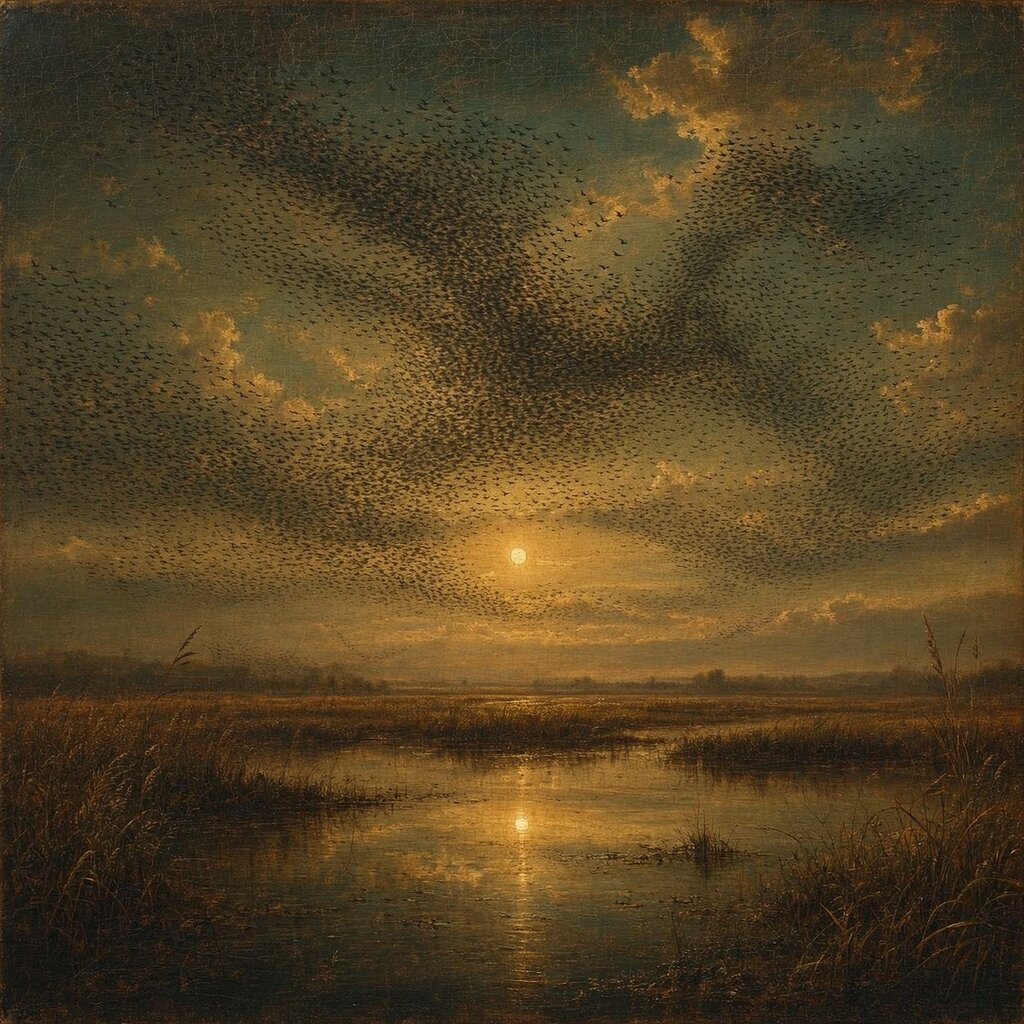 An enormous starling murmuration wheeling over a marsh at sunset, painted in the old-master manner