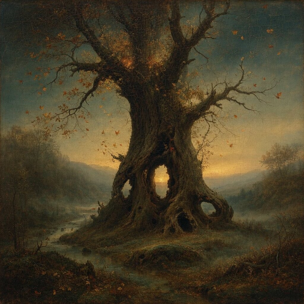 A colossal hollowed oak at twilight, the glowing sky showing through openings in its decaying trunk, painted in the old-master manner