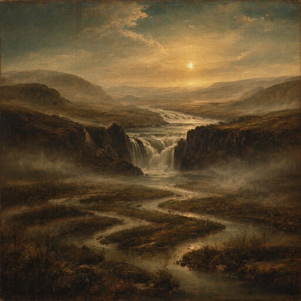 An old-master oil painting: a river flowing from a slow marsh through a narrow gorge of churning falls out into a sunlit valley