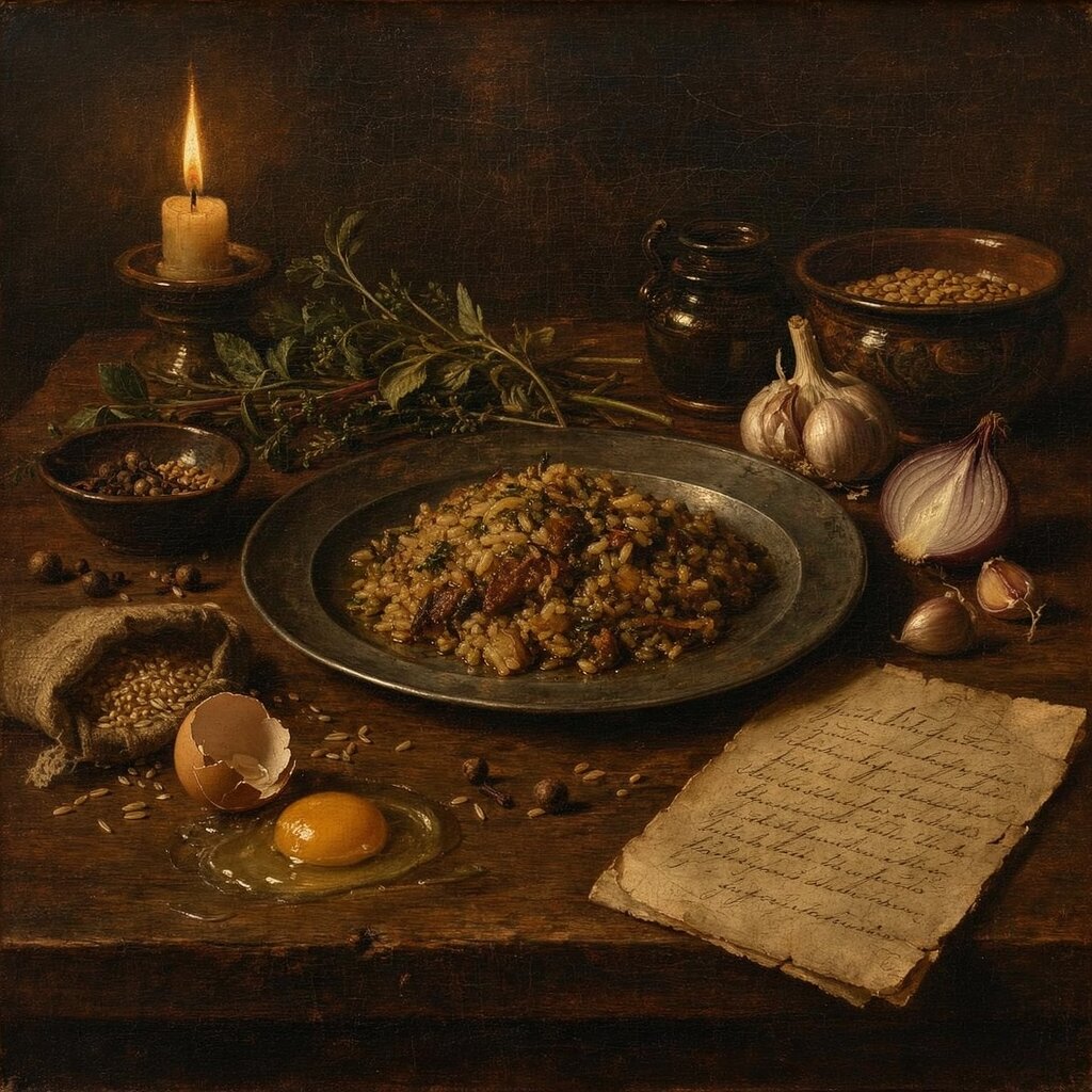 An old-master still life by candlelight: a finished dish on a pewter plate surrounded by its raw ingredients and a handwritten recipe card