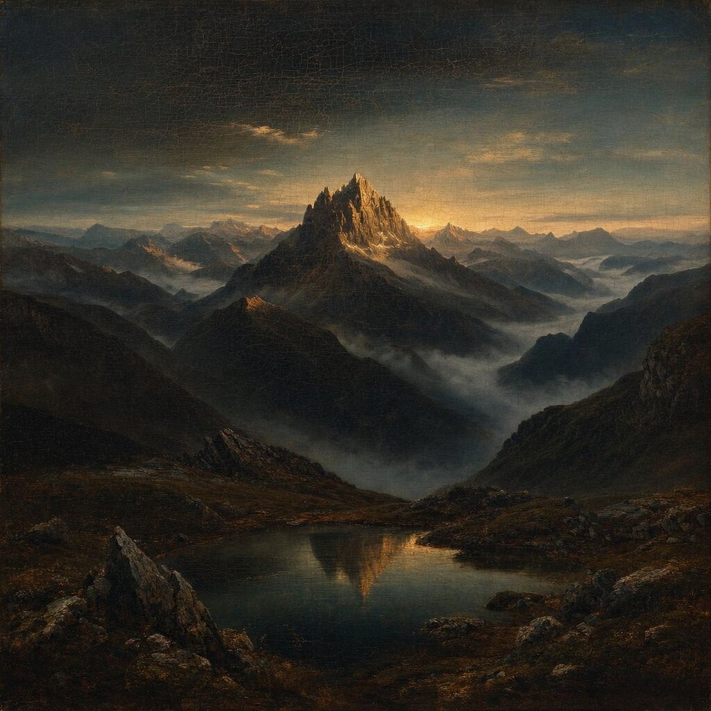 A twilight lake beneath a sky whose stars are joined into a glowing constellation, with a stone lectern on the shore, painted in the old-master manner